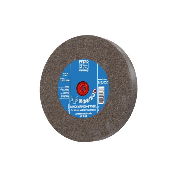 Pferd 61767 8in x 1in Vitrified Bench Wheel 1-1/4in A.H., Aluminum Oxide, 80 Grit 61767-PFERD - main